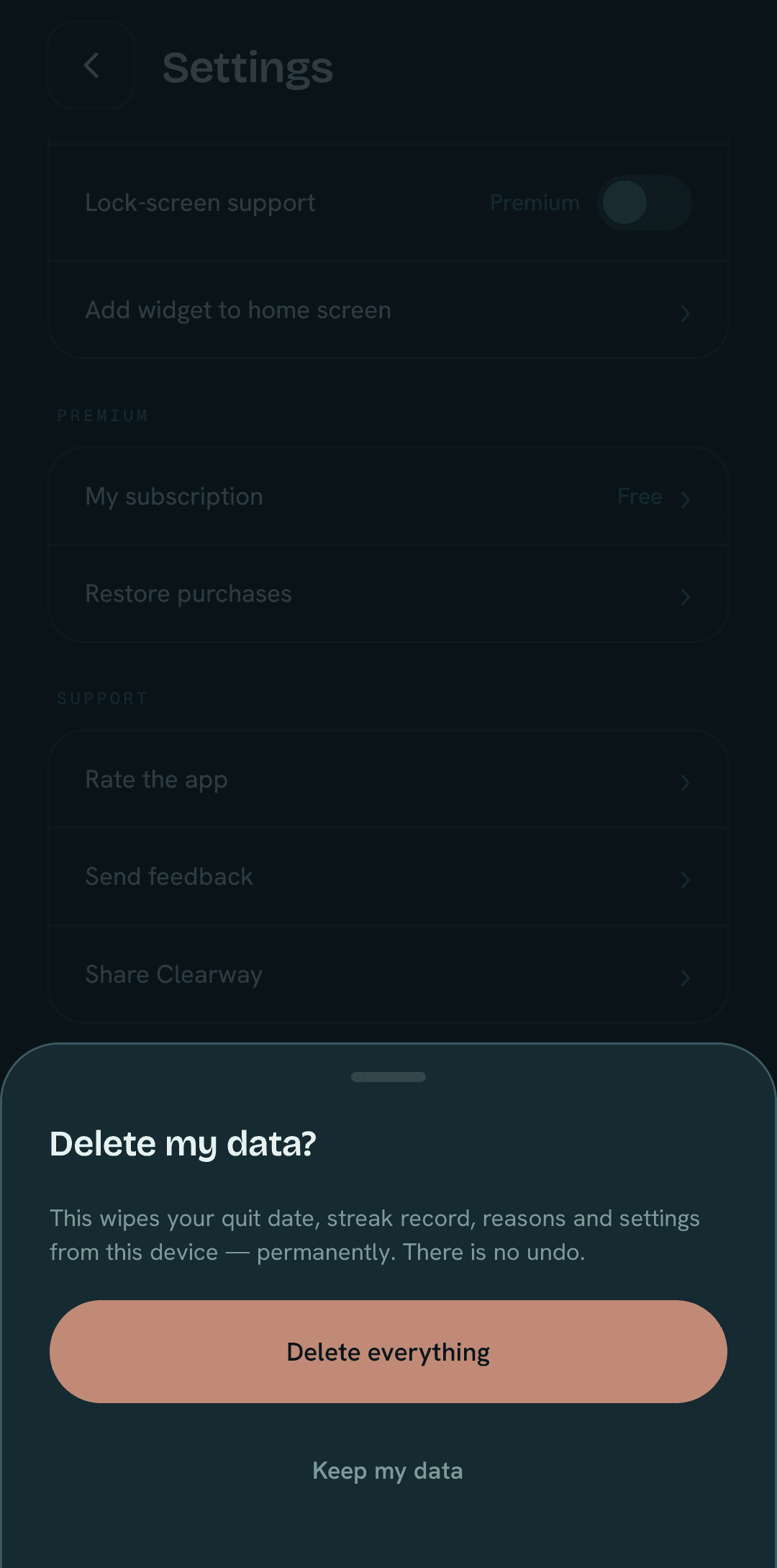 Clearway confirmation sheet: Delete my data? Delete everything or Keep my data