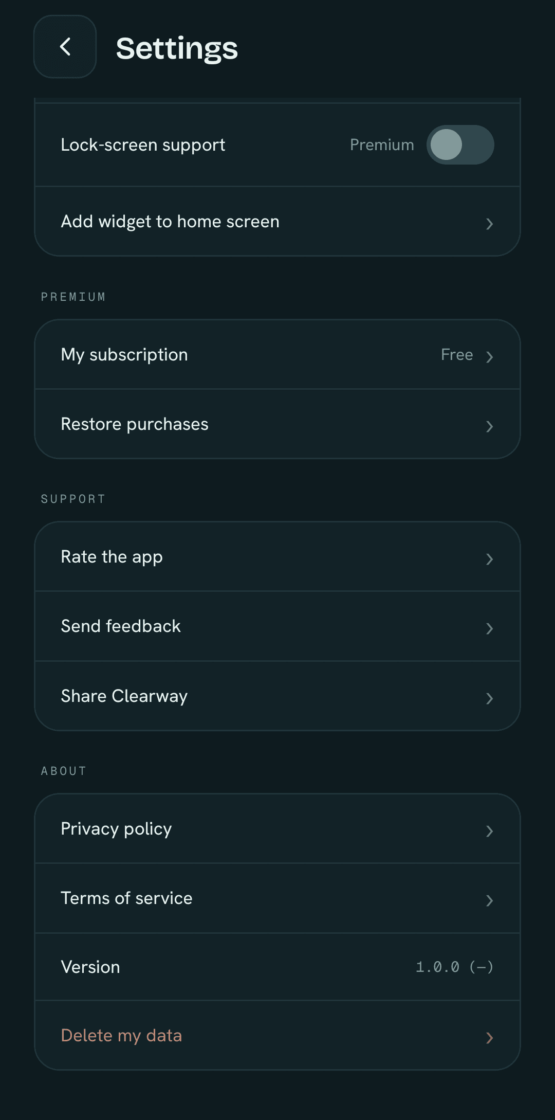 Clearway settings, About section, with the Delete my data option at the bottom
